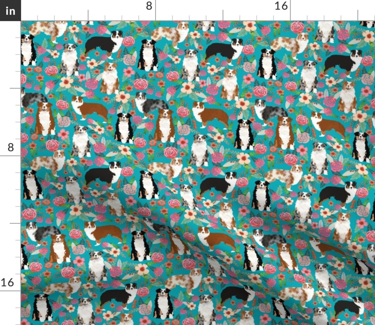 Australian Shepherd Dogs Floral Cute Aussie Dog Vintage Flowers Turquoise Shepherds Breed Custom Printed Fabric by Spoonflower Various Fabrics by the Yard or Fat Quarter